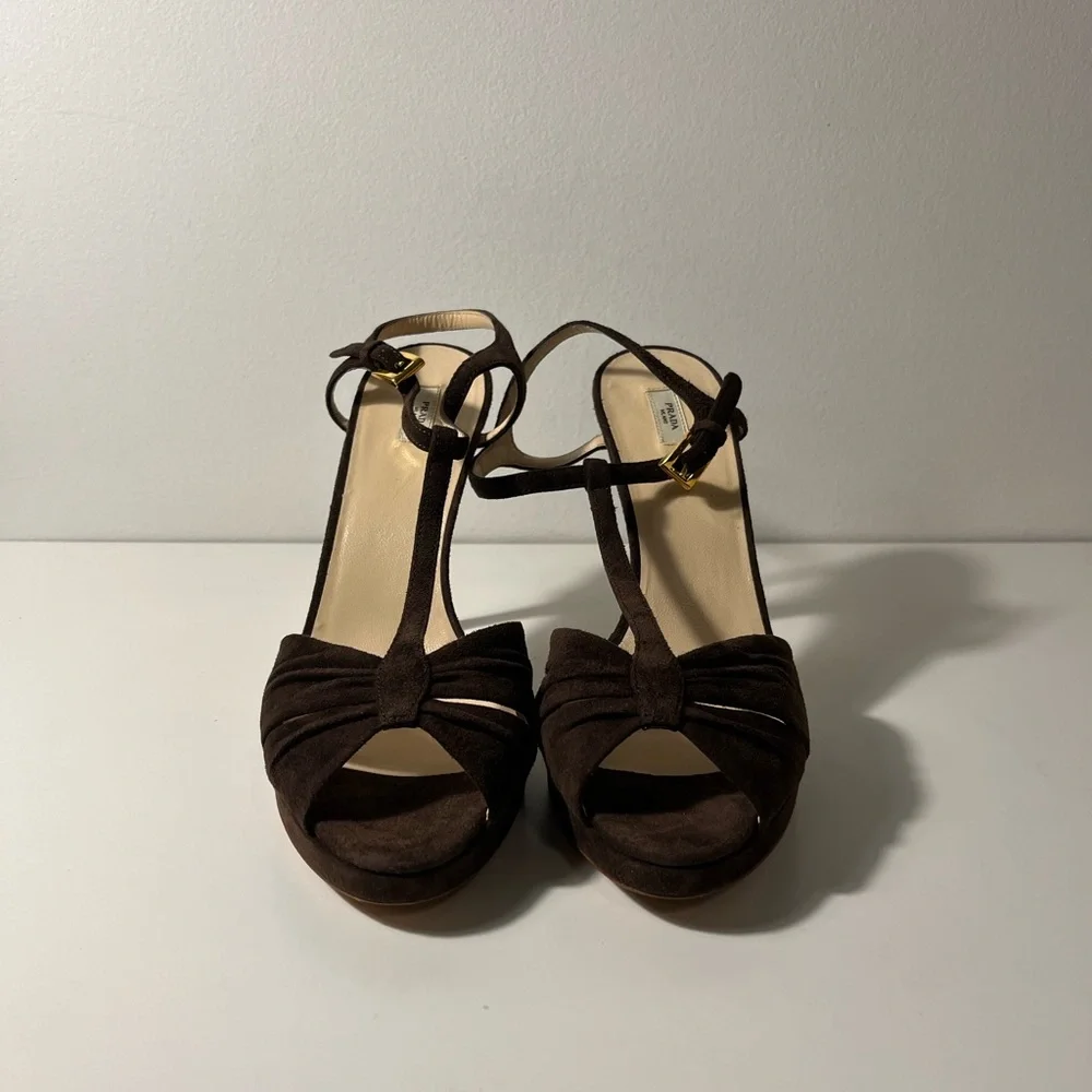Prada Cutout Peep Open Toe Suede T-Strap Platform Stiletto Pump Heels Sandals - Picture 7 of 12
